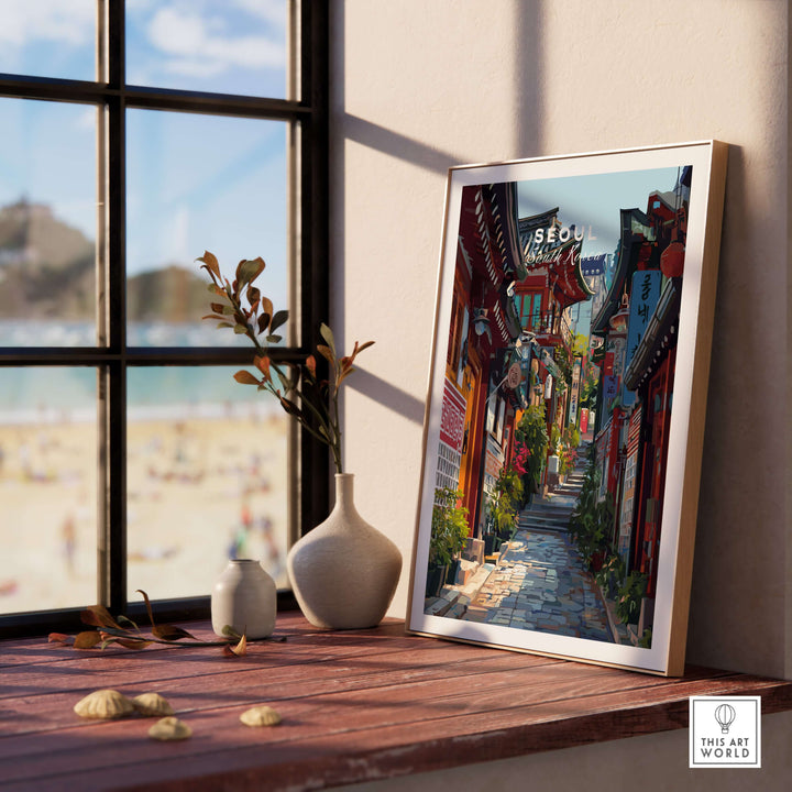 Framed Seoul South Korea print showcasing vibrant street and traditional architecture, perfect for wall decor.