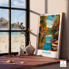 Shawnee State Park Colorful Trees Landscape Poster - Ohio Nature Travel Decor showcased on a wooden shelf by a window.