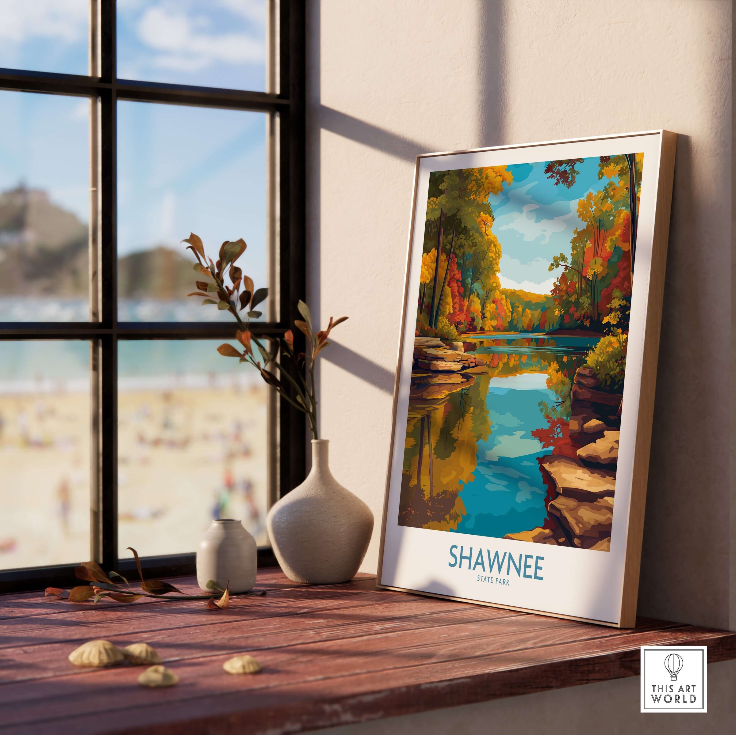 Shawnee State Park Colorful Trees Landscape Poster - Ohio Nature Travel Decor showcased on a wooden shelf by a window.
