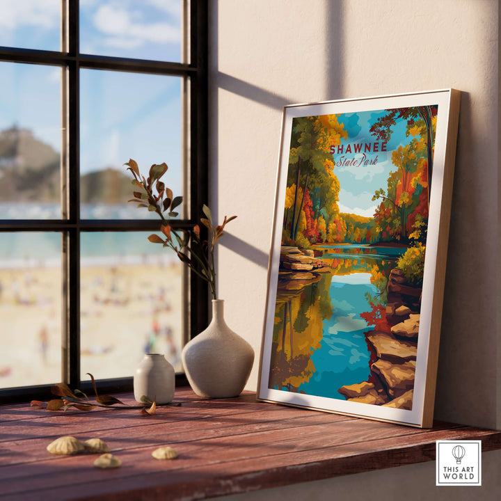 Shawnee State Park Ohio fall forest lake print showcasing autumn reflections in a cozy interior setting.