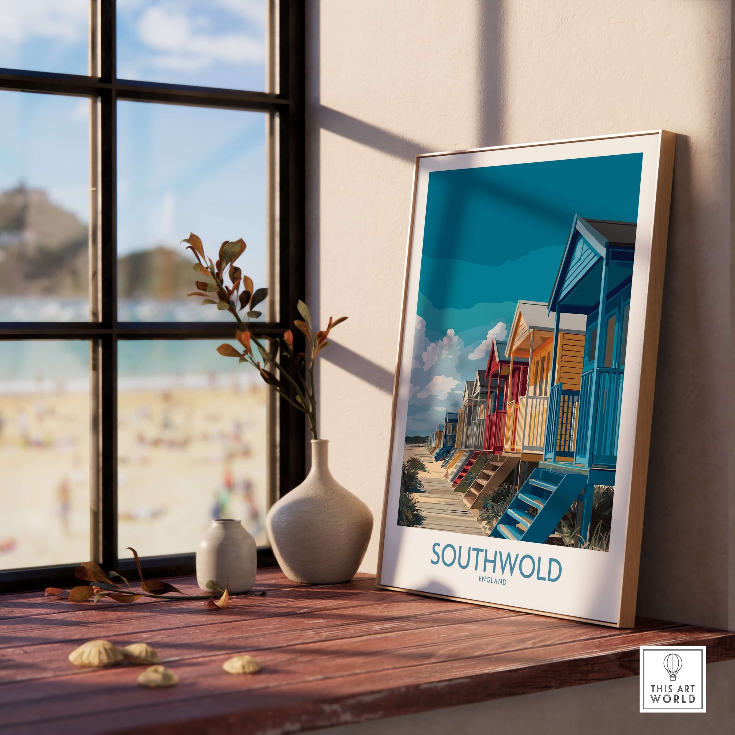 Southwold England English Seaside Poster - Vibrant Beach Scene Decor showcasing colorful beach huts by the sea.