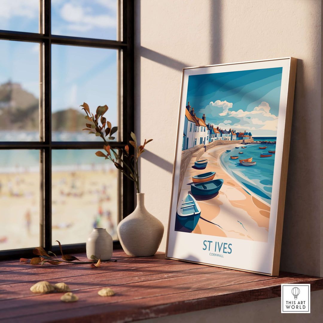 St Ives Cornish harbor wall art displayed indoors, capturing coastal charm and colorful boats in Cornwall.