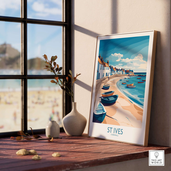 St Ives Cornish harbor wall art displayed indoors, capturing coastal charm and colorful boats in Cornwall.
