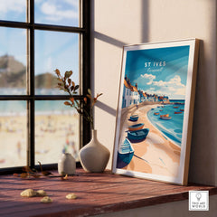 St Ives Beach Boats Seascape Poster - Cornwall Seaside Village Print displayed on a wooden table near a window.