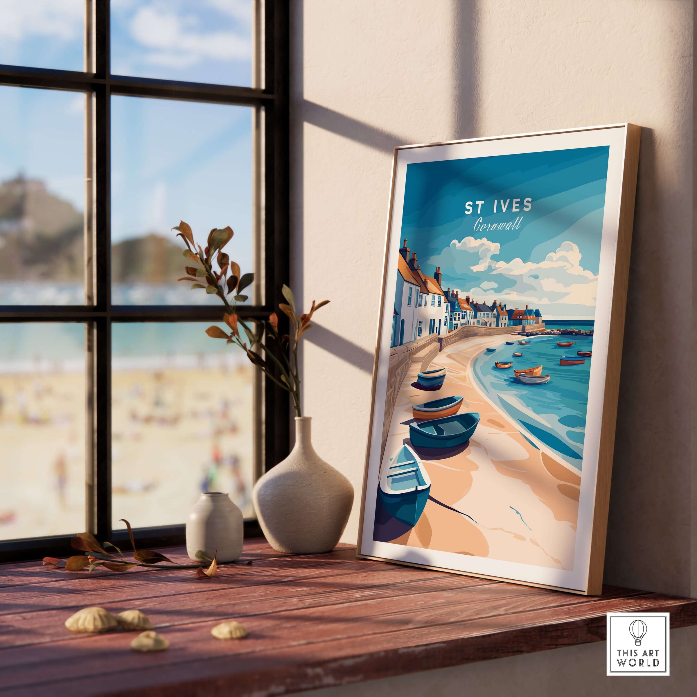 St Ives Beach Boats Seascape Poster - Cornwall Seaside Village Print displayed on a wooden table near a window.