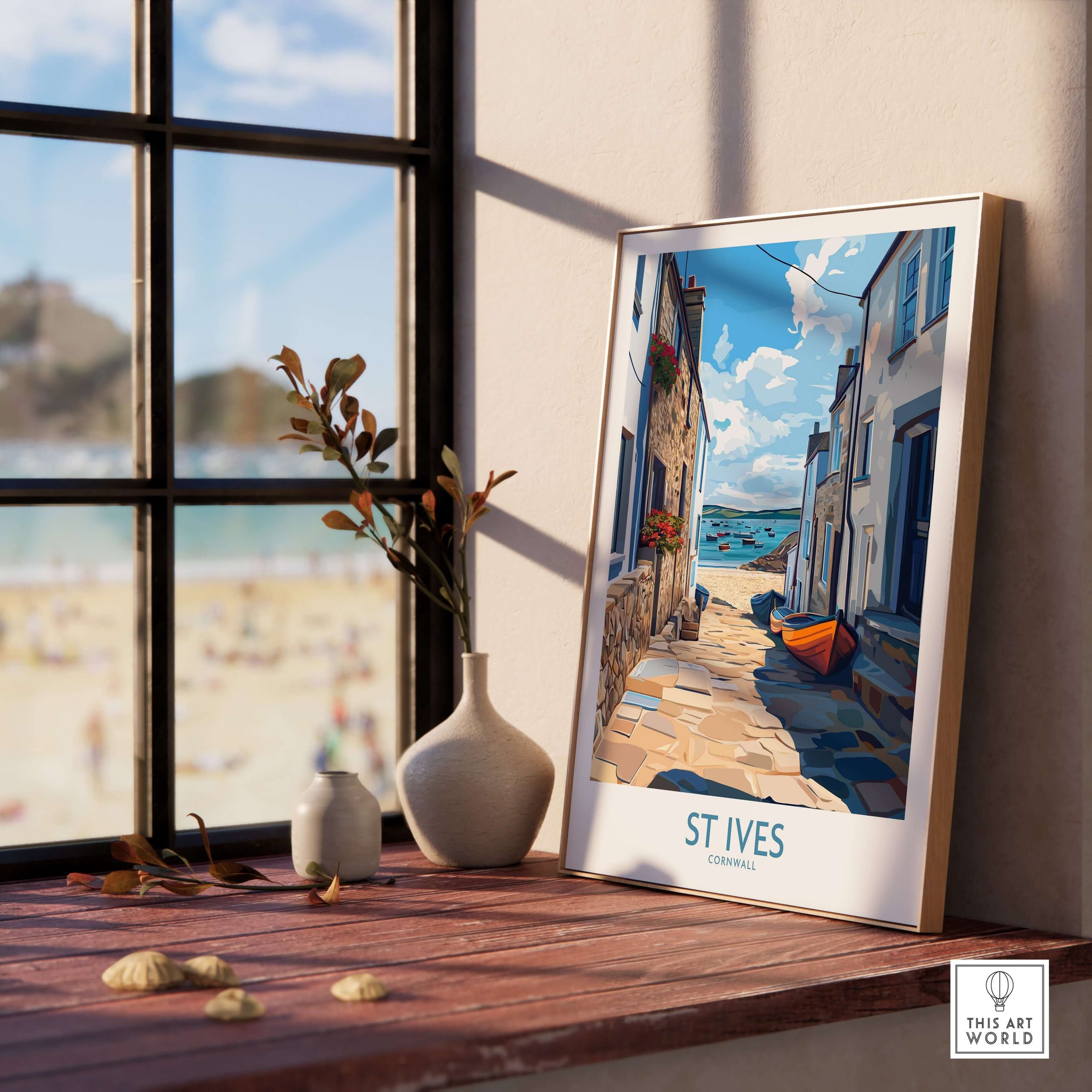 St Ives Cornwall Cornish Village Wall Art - Harbor Boats Decor displayed in a cozy coastal room with a beach view.