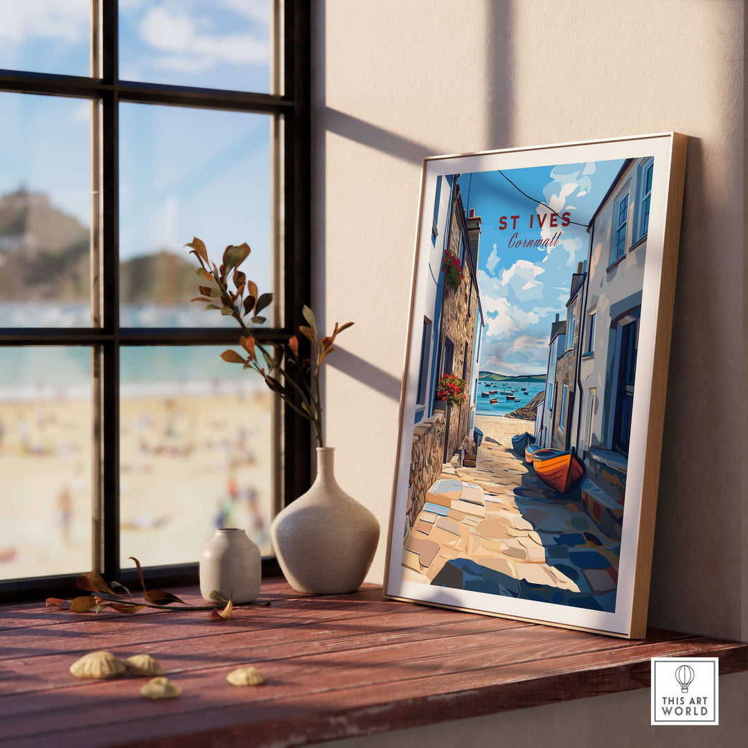 St Ives Cornwall beach view print decor with coastal charm and quaint alleyway details.