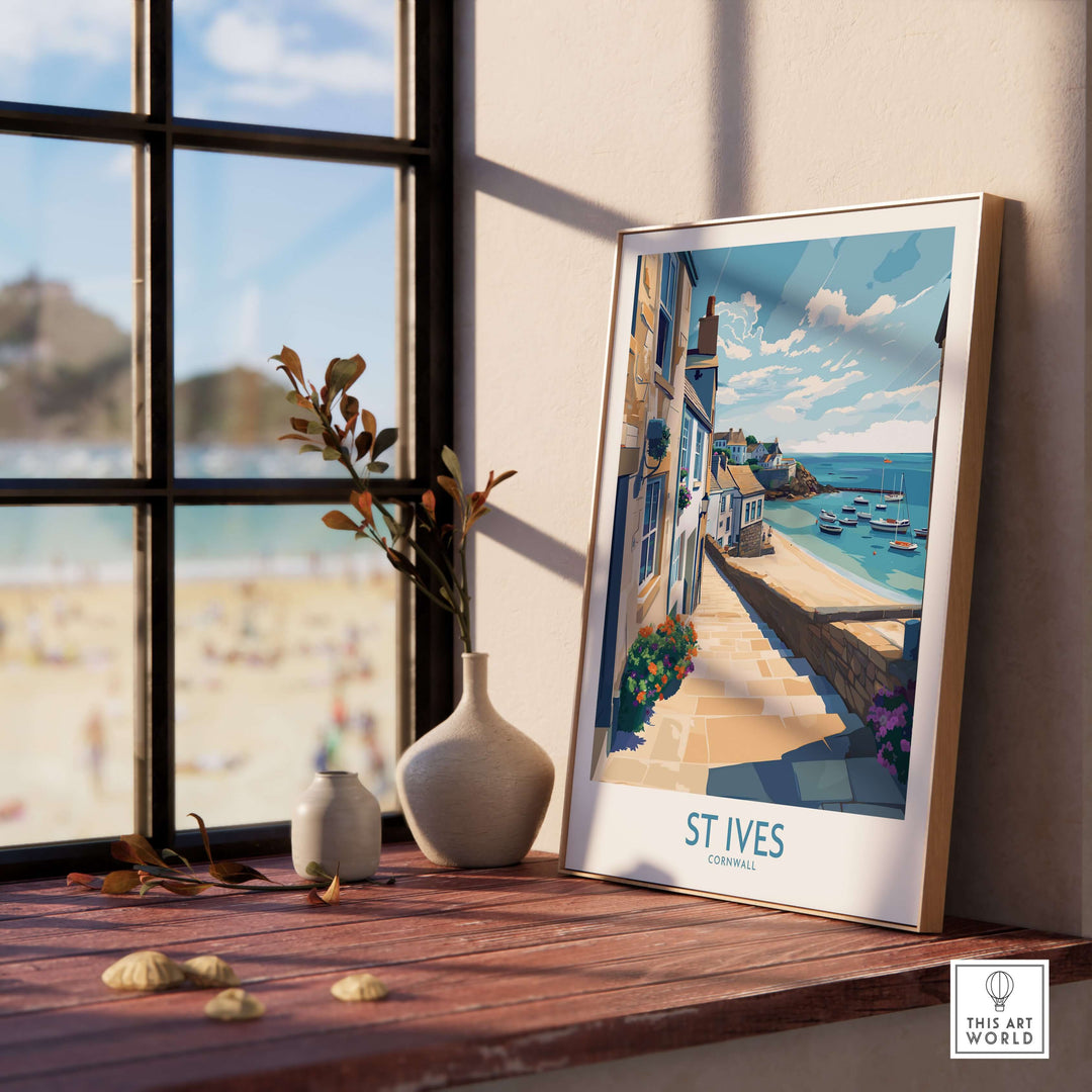 St Ives Cornwall coastal alleyway wall art displayed in a sunlit room, capturing seaside beauty and charm.