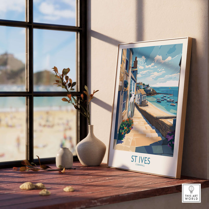 St Ives Cornwall coastal alleyway wall art displayed in a sunlit room, capturing seaside beauty and charm.