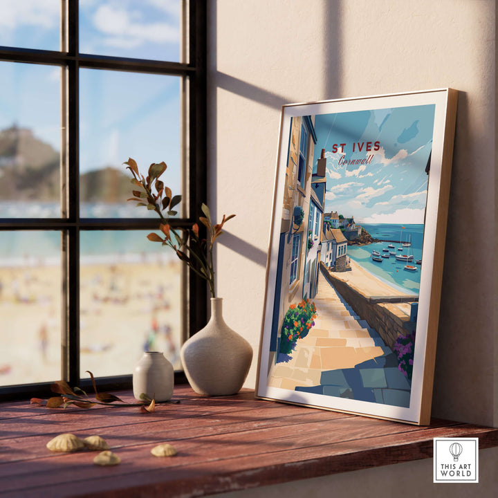 St Ives Cornwall Stone Steps to Beach Poster framed on a windowsill with coastal view, perfect for seaside decor.