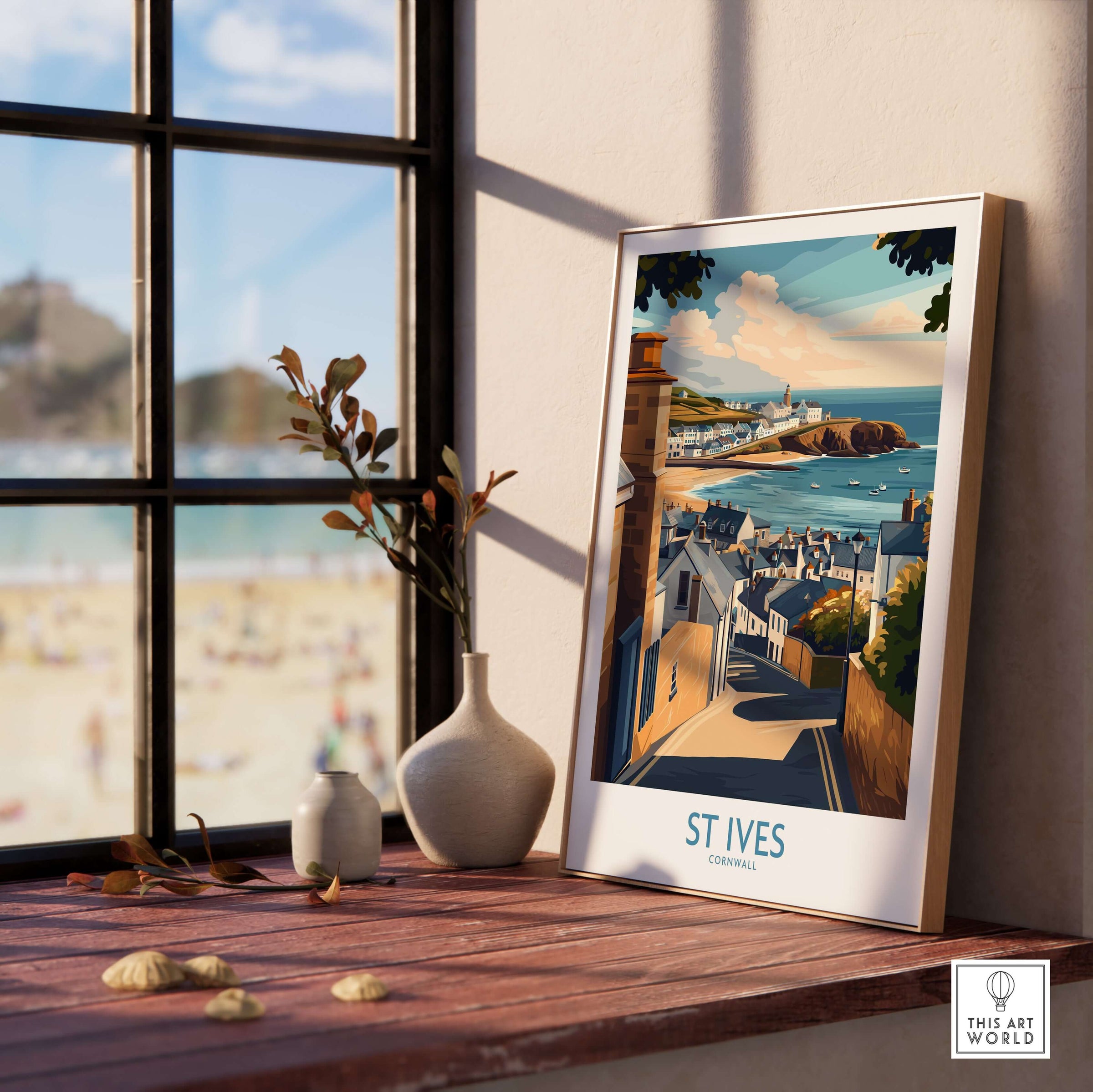 St Ives Cornwall Seaside Street Poster - Coastal Village Landscape Decor framed by a sunlit window.