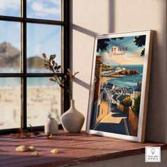 St Ives Across the Rooftops View Print - Cornish Town Wall Art displayed near a window with beach view.