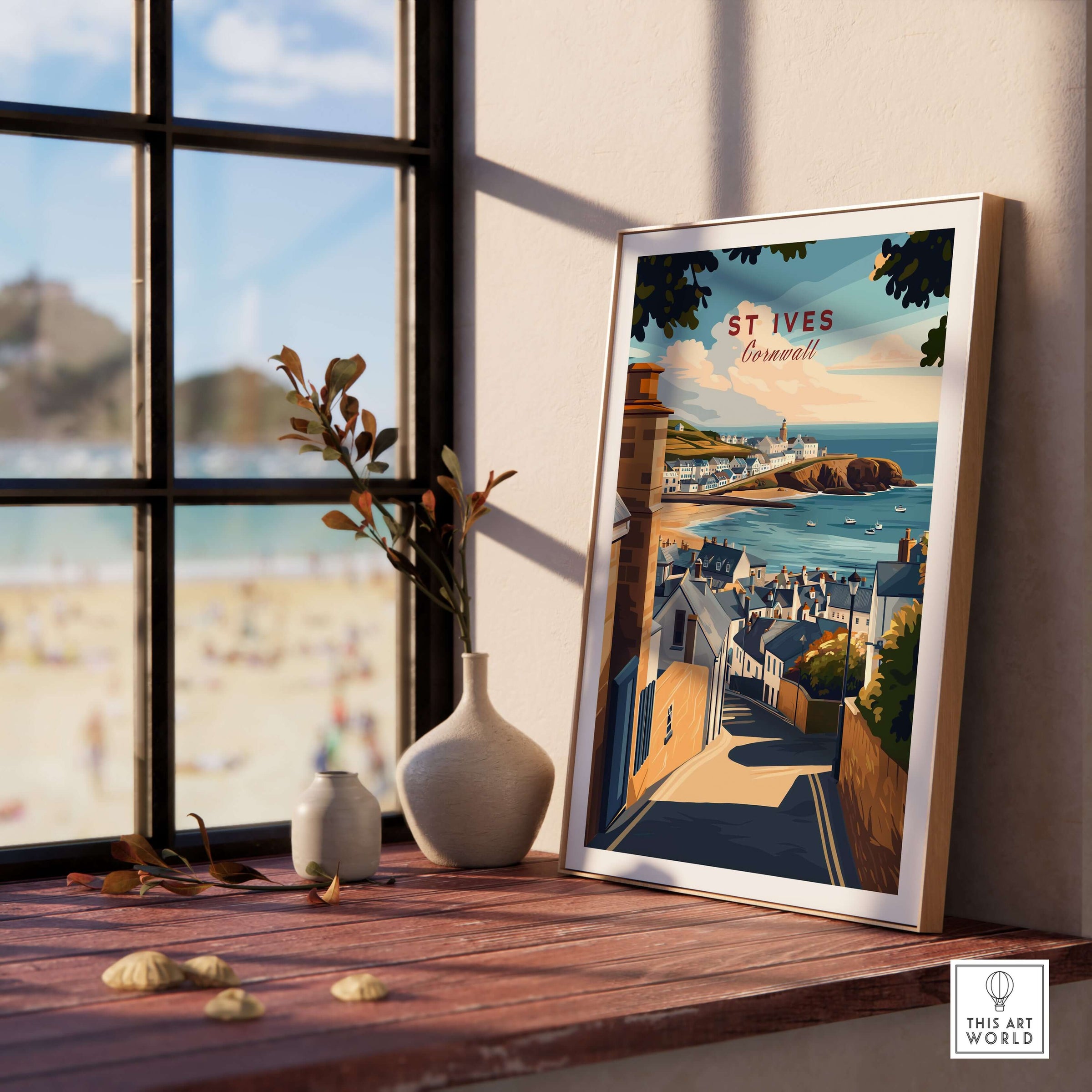 St Ives Across the Rooftops View Print - Cornish Town Wall Art displayed near a window with beach view.