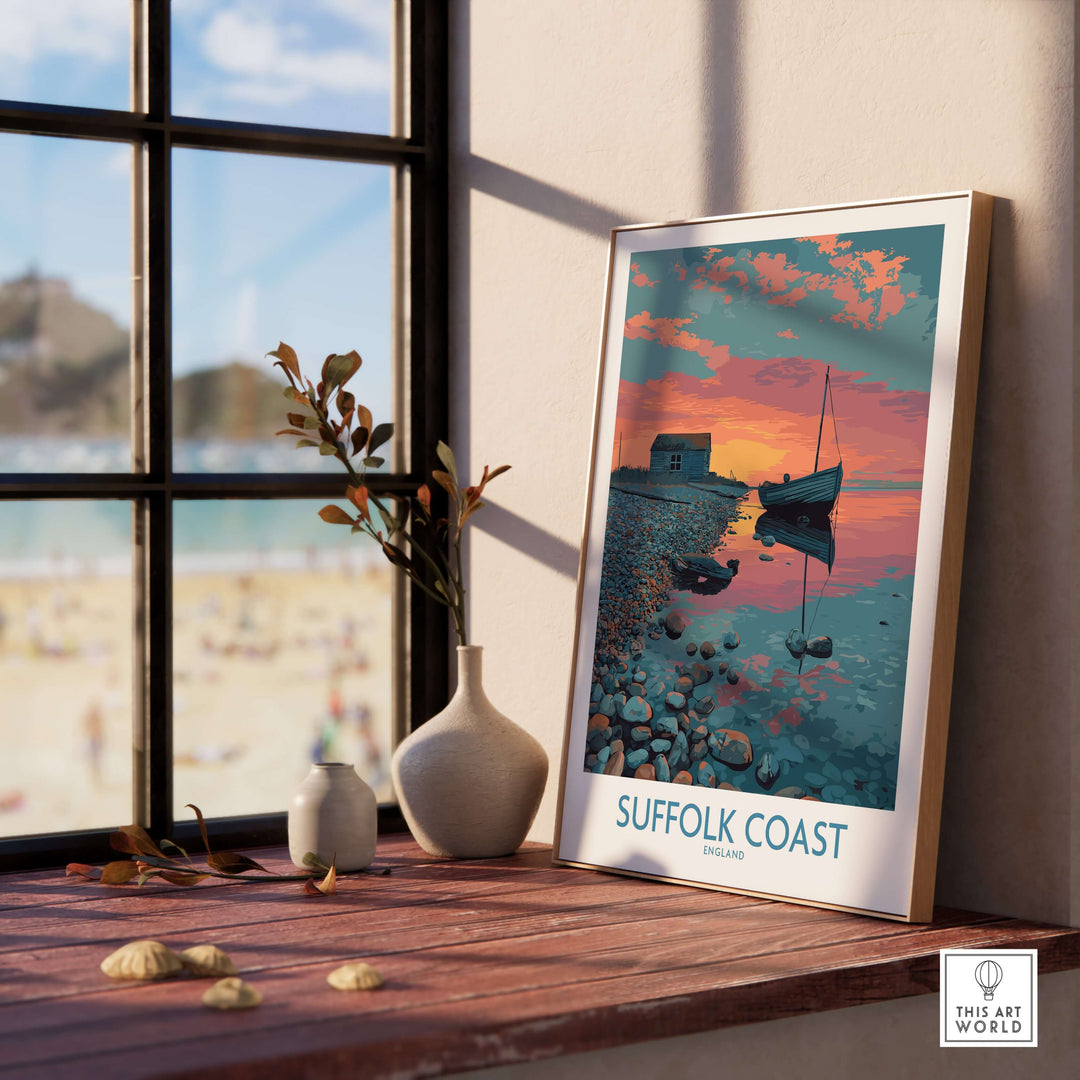 Suffolk Coast poster featuring tranquil evening seascape, displayed in a cozy indoor setting with beach view.