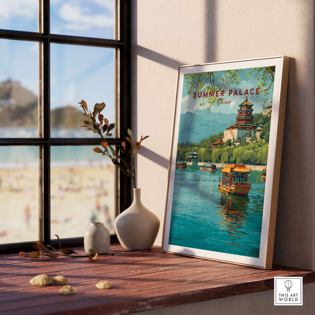 Summer Palace China art print displayed in a sunny room, showcasing Beijing's royal park and serene waters.