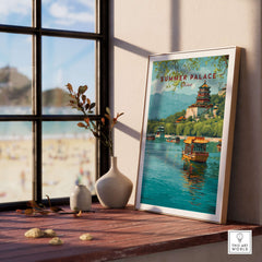 Summer Palace China Art Print - Beijing Royal Park Wall Decor framed art piece showcasing serene waters and ancient pavilions.