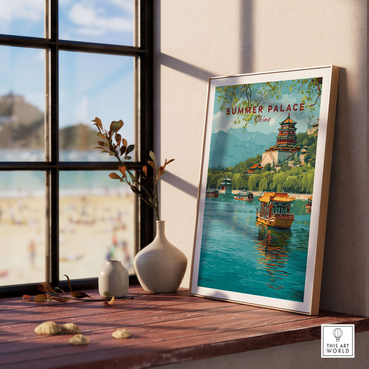 Summer Palace China art print displayed in a sunny room, showcasing Beijing's royal park and serene waters.