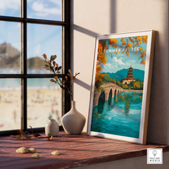 Summer Palace China Seventeen-Arch Bridge Print - Beijing Historic Bridge Art displayed in a serene indoor setting.
