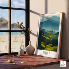 Sylhet Bangladesh Poster - Tea Plantation Fields Artwork displayed in a bright room with a scenic nature view.