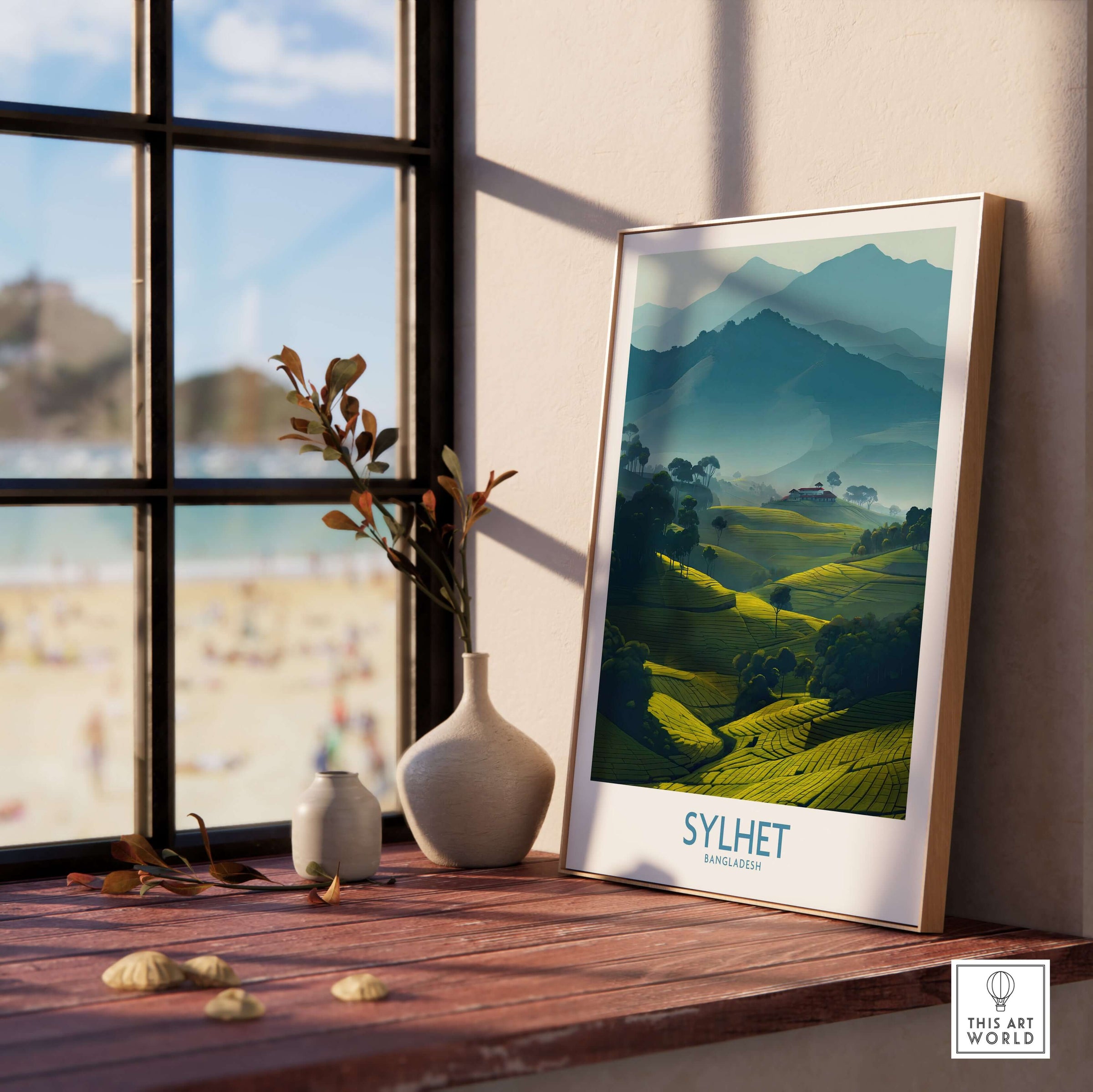 Sylhet Bangladesh Poster - Tea Plantation Fields Artwork displayed in a bright room with a scenic nature view.