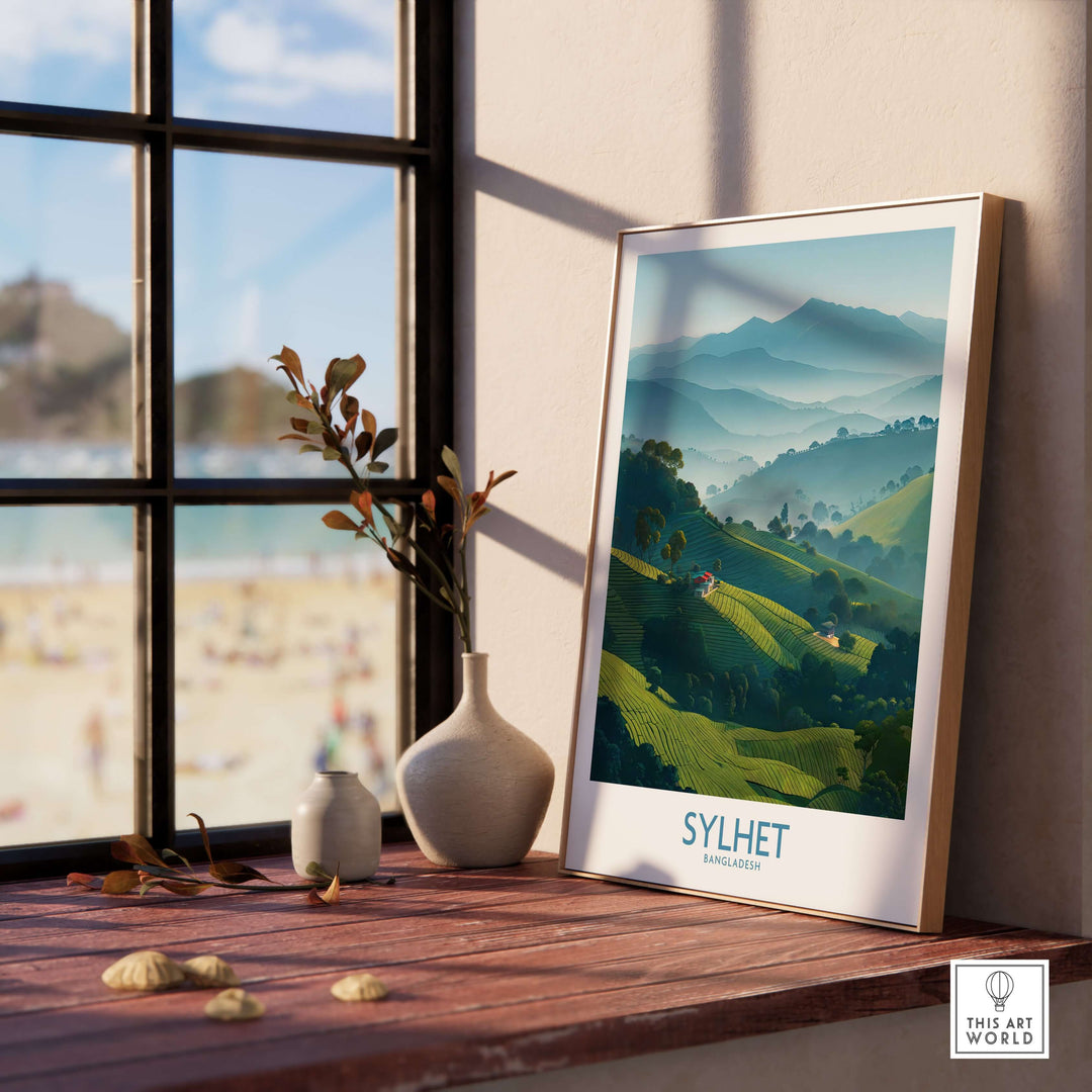 Sylhet Bangladesh tea plantation wall art showcasing lush green hills and serene landscapes for travel-inspired decor.
