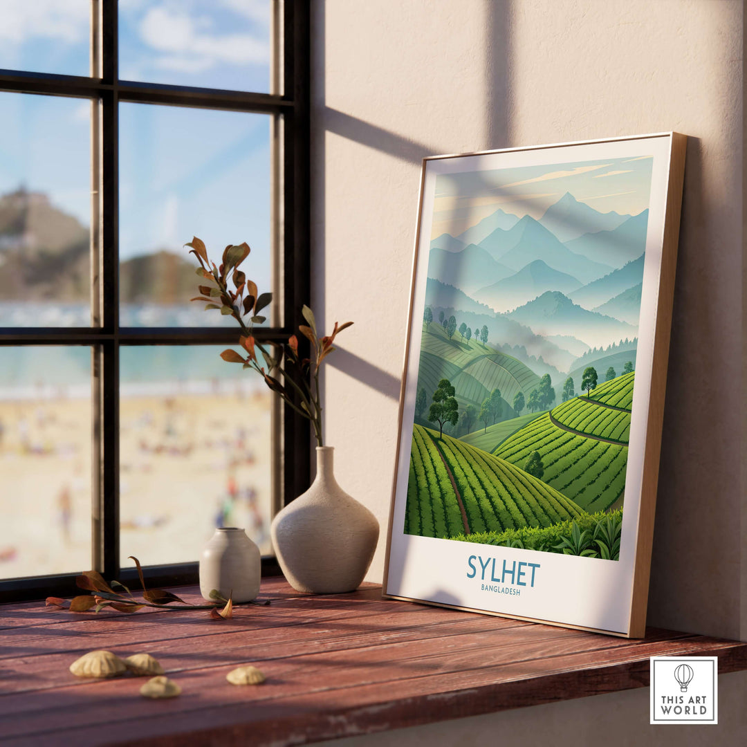 Sylhet Bangladesh wall art featuring lush green landscapes and mountains displayed by a window.