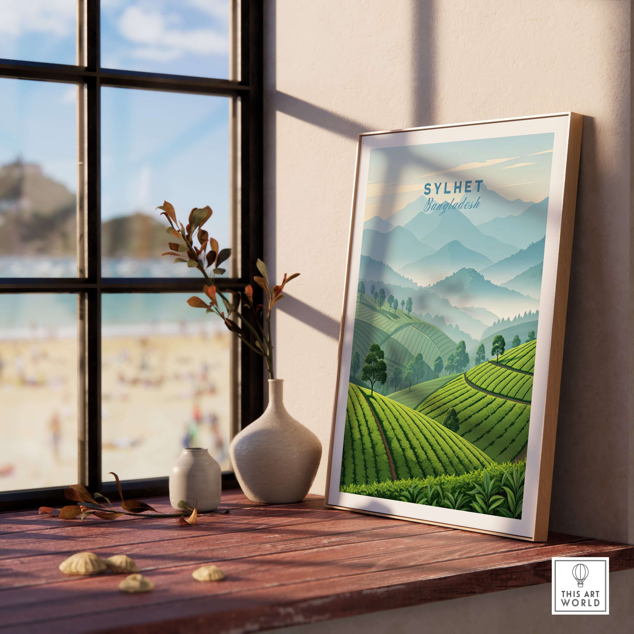 Sylhet Wall Art Bangladesh Tea Estates Mountain Panorama Poster - Lush Green Fields Print displayed in a bright room.