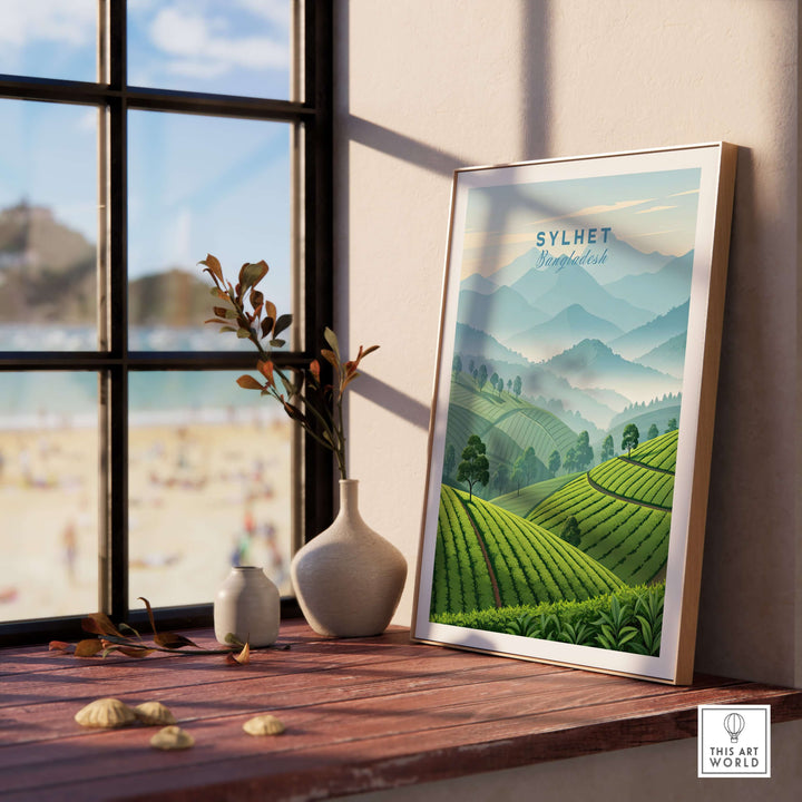 Sylhet wall art poster featuring lush green tea estates and mountains, bringing Bangladesh's natural beauty into home decor.