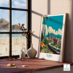 Taipei Taiwan Taipei 101 Poster - Modern City Travel Print displayed in a stylish indoor setting with a scenic background.