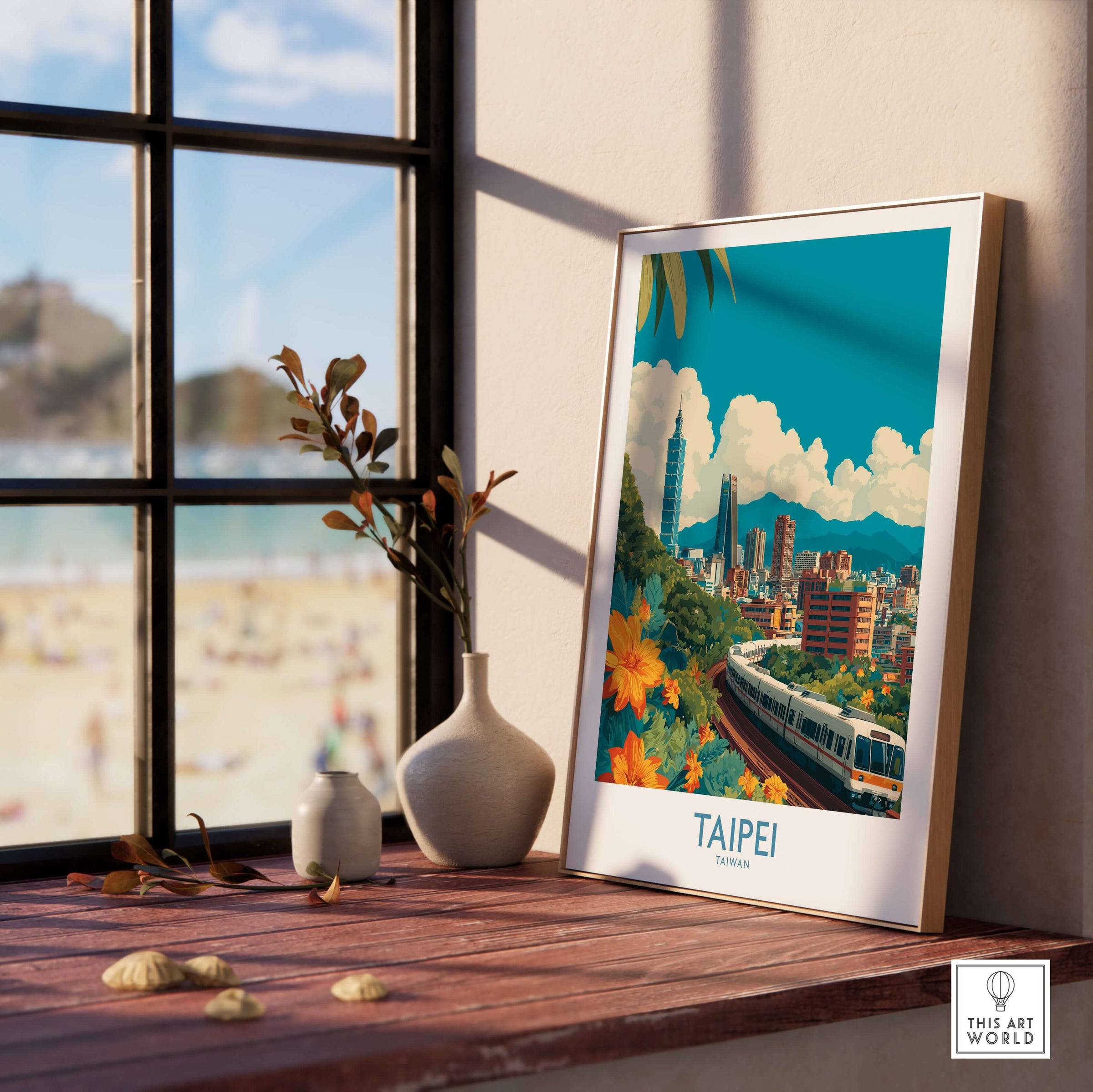 Taipei Taiwan Taipei 101 Poster - Modern City Travel Print displayed in a stylish indoor setting with a scenic background.