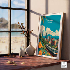 Taipei Print Taiwan City Skyline MRT Train Poster - Urban Landscape Wall Art displayed in a bright interior setting.