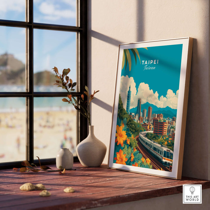 Taipei city skyline poster on a wooden table with beach view, featuring MRT train and vibrant floral design.