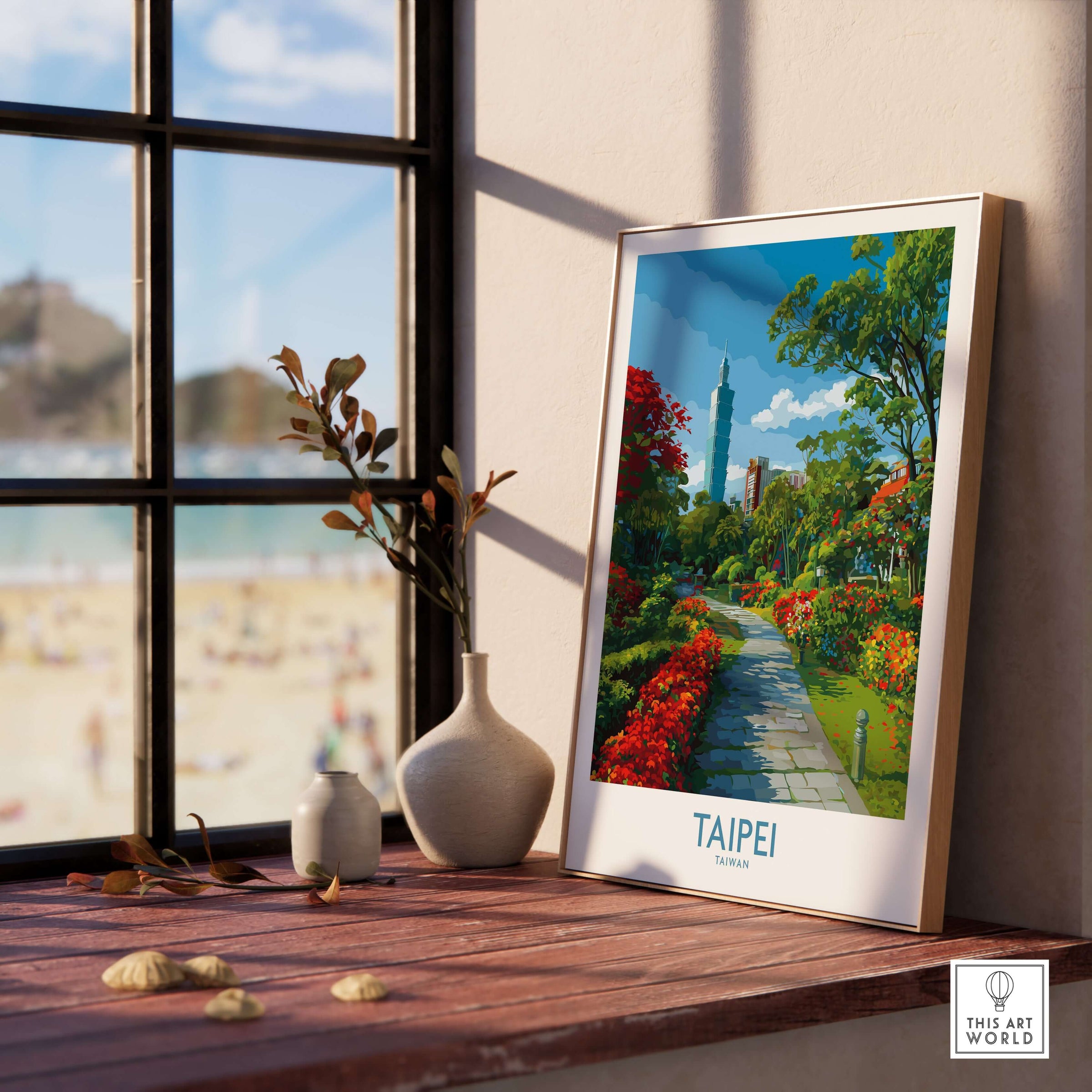 Taipei Taiwan Taipei 101 Park View Print - Vibrant Urban Green Space Decor displayed near a sunny window.