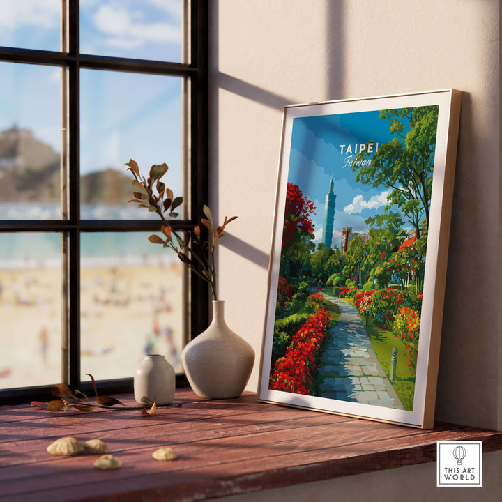 Taipei Botanical Garden pathway art print showcased in a sunny interior setting with decorative plants.