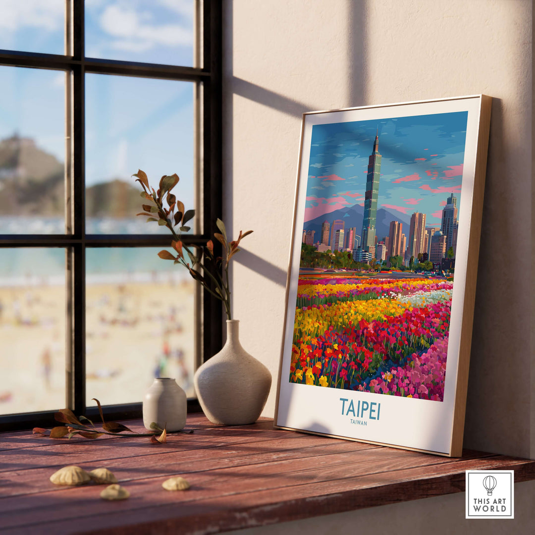 Taipei Taiwan modern urban travel poster showcasing vibrant skyline and colorful flowers, perfect for travel lovers.