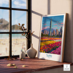 Taipei Taiwan Poster - Modern Urban Travel Print displayed on a cozy shelf with vibrant flowers and sunlight.