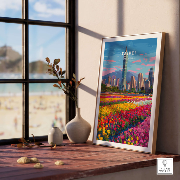 Taipei 101 skyline print displayed in a stylish room, surrounded by flowers and a scenic beach view.