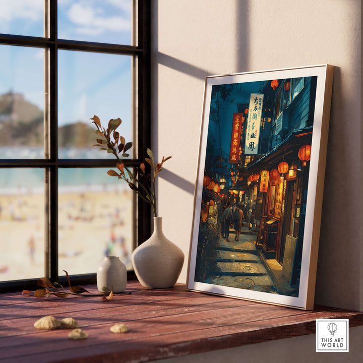 Taipei Lantern Alley night scene print displayed in a bright room, showcasing traditional street art and glowing lanterns.