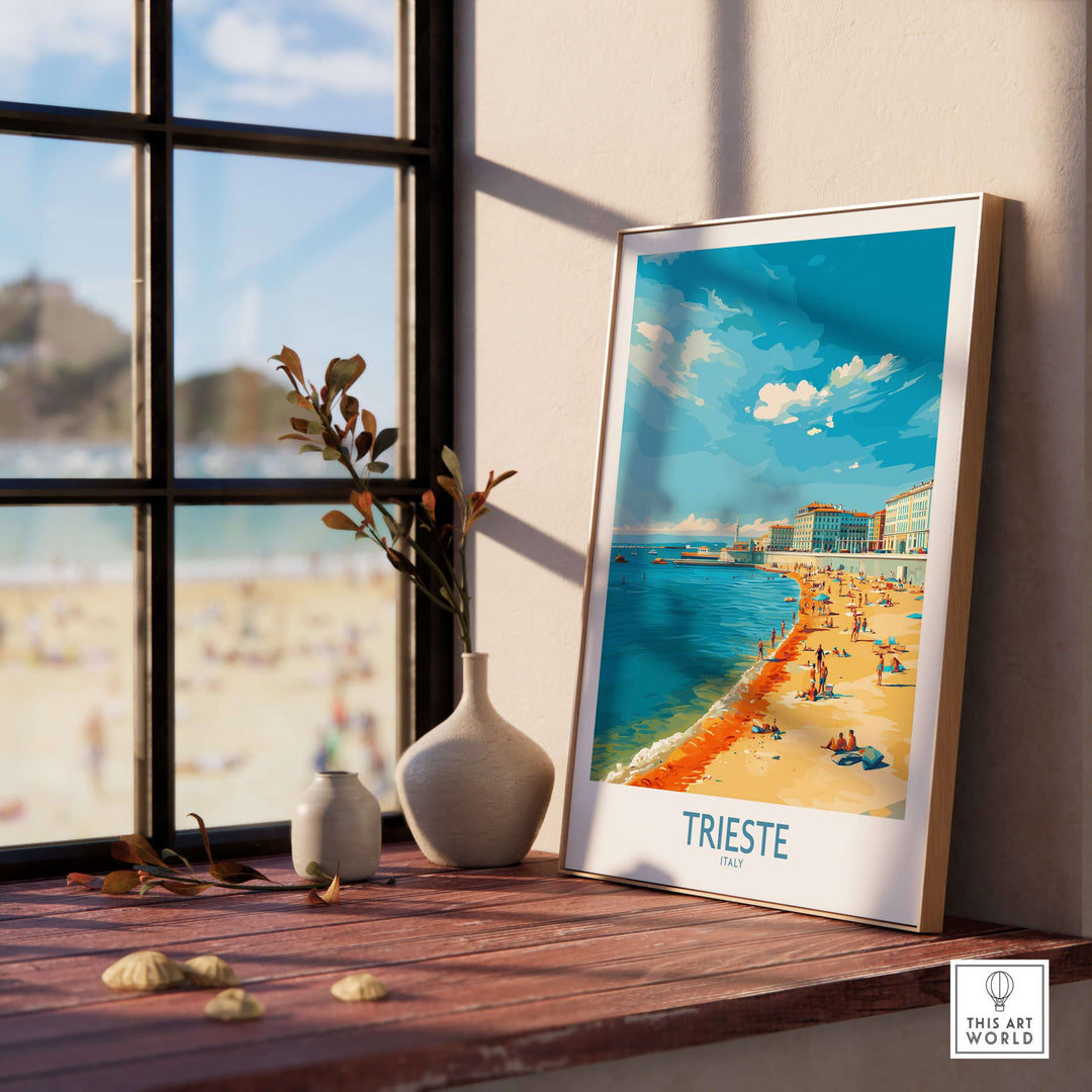 Trieste Italy travel poster displayed by a window, showcasing the beach and coastal beauty of the city.