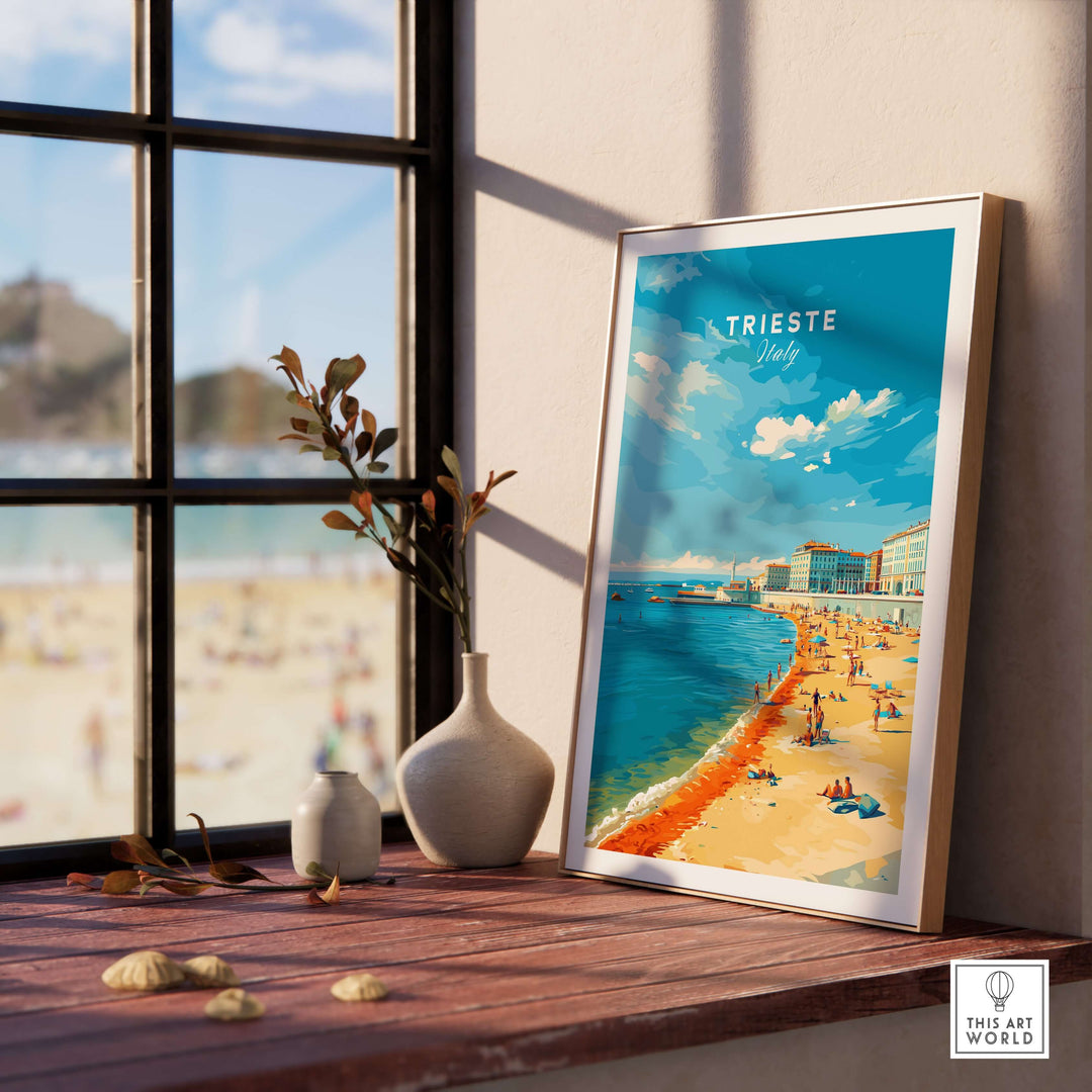 Framed Trieste Italy print showcasing the Adriatic coast with a beach view and a serene atmosphere.