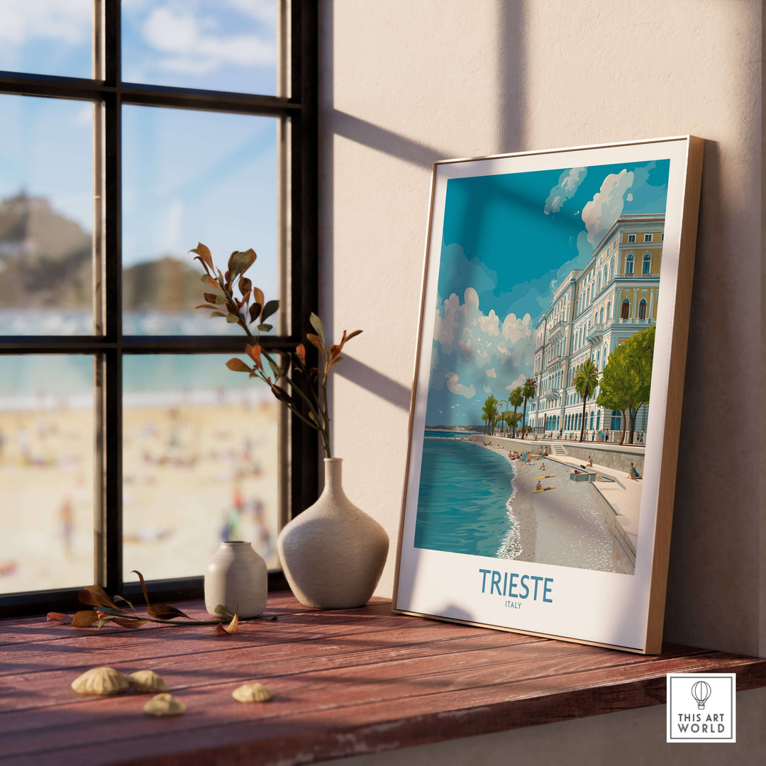 Trieste Italy seafront poster displayed indoors by a window, showcasing coastal beauty and vibrant atmosphere.