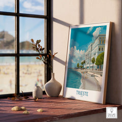 Trieste Print Italy Seafront Poster displayed by a window, showcasing Trieste's coastal charm and vibrant atmosphere.