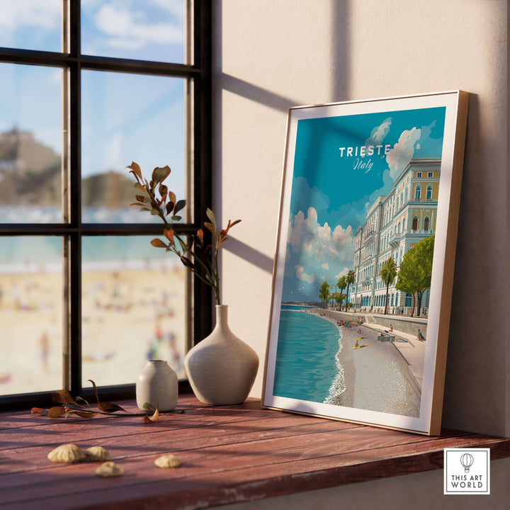 Trieste Italy poster featuring a beach scene, showcasing coastal beauty and serene vibes for wall decor.
