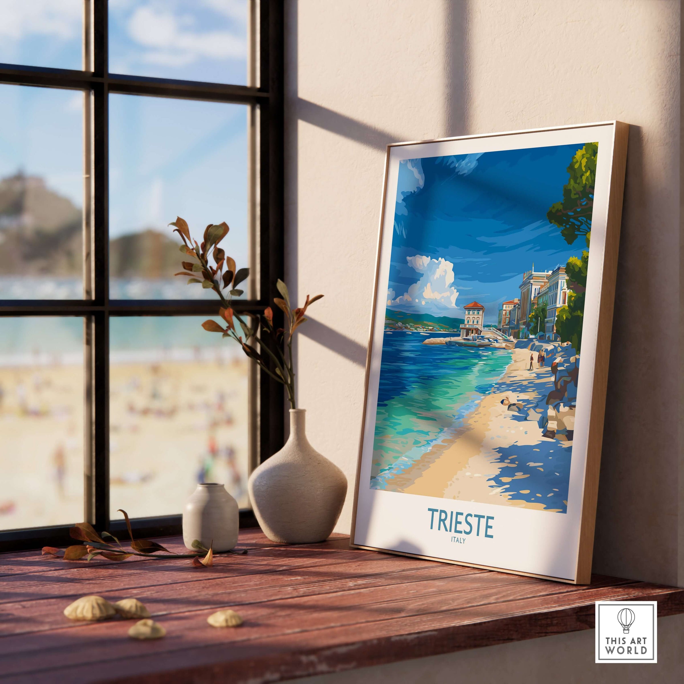 Trieste Italy Beach Poster - Mediterranean Travel Print displayed in a sunny interior accenting coastal scenery.