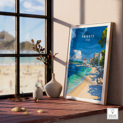 Trieste Italy Beach Print - Italian Riviera Wall Art displayed in a cozy interior setting with a seaside view.
