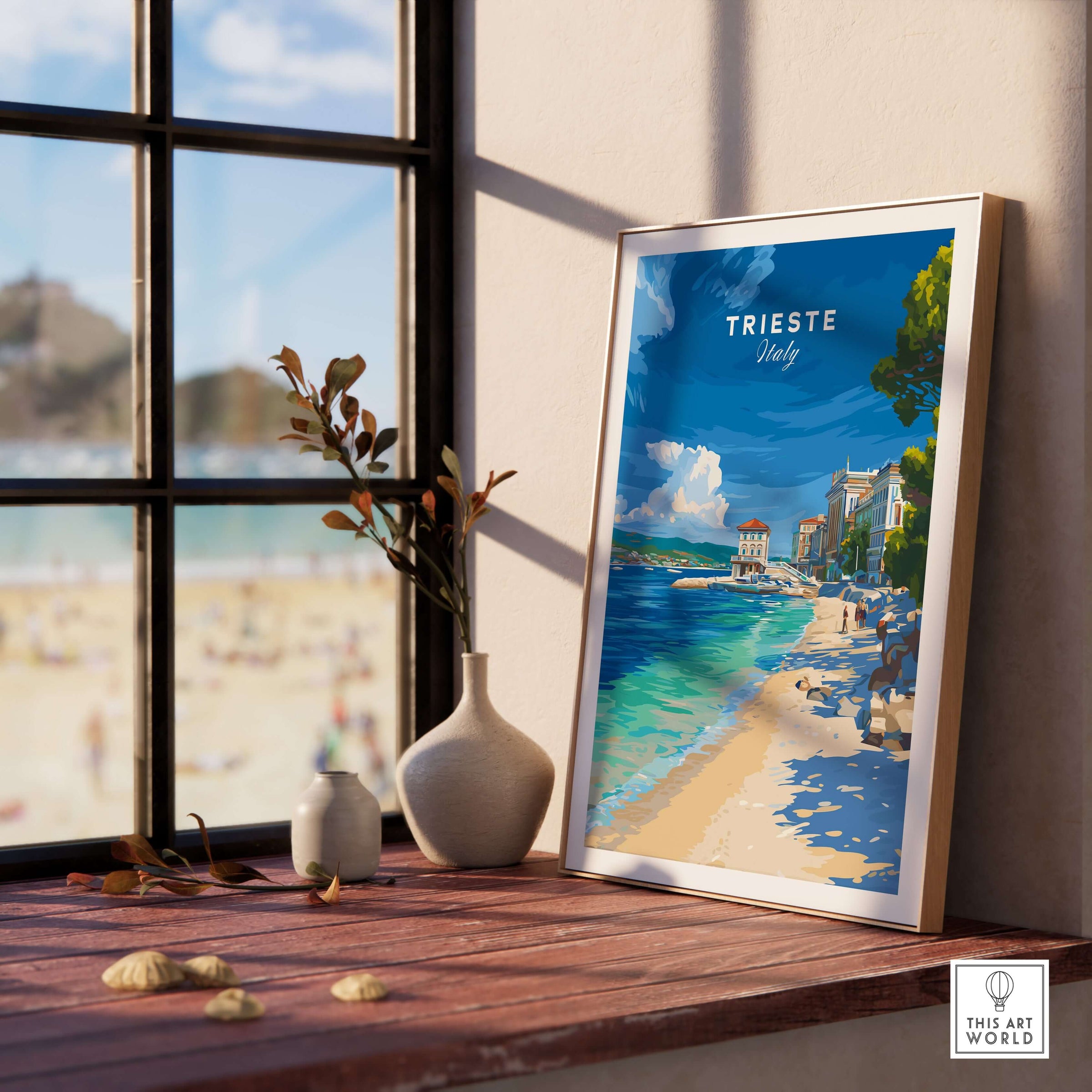 Trieste Italy Beach Print - Italian Riviera Wall Art displayed in a cozy interior setting with a seaside view.