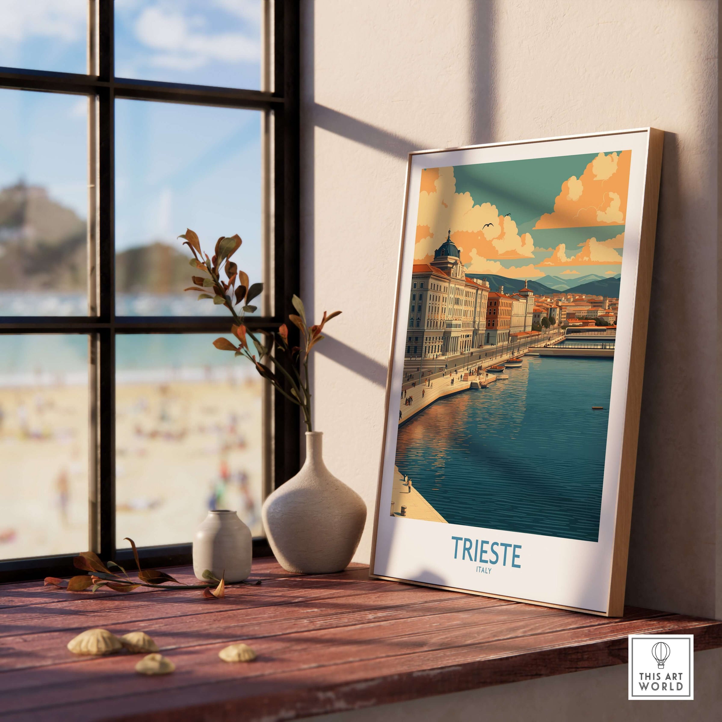 Trieste Italy Wall Art displayed by a window, showcasing the city's beautiful waterfront and architecture.
