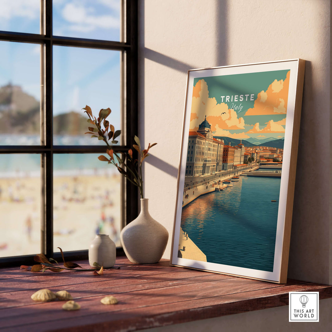 Elegant Trieste Italy print displayed on a windowsill, capturing the city's coastal charm and historic architecture.
