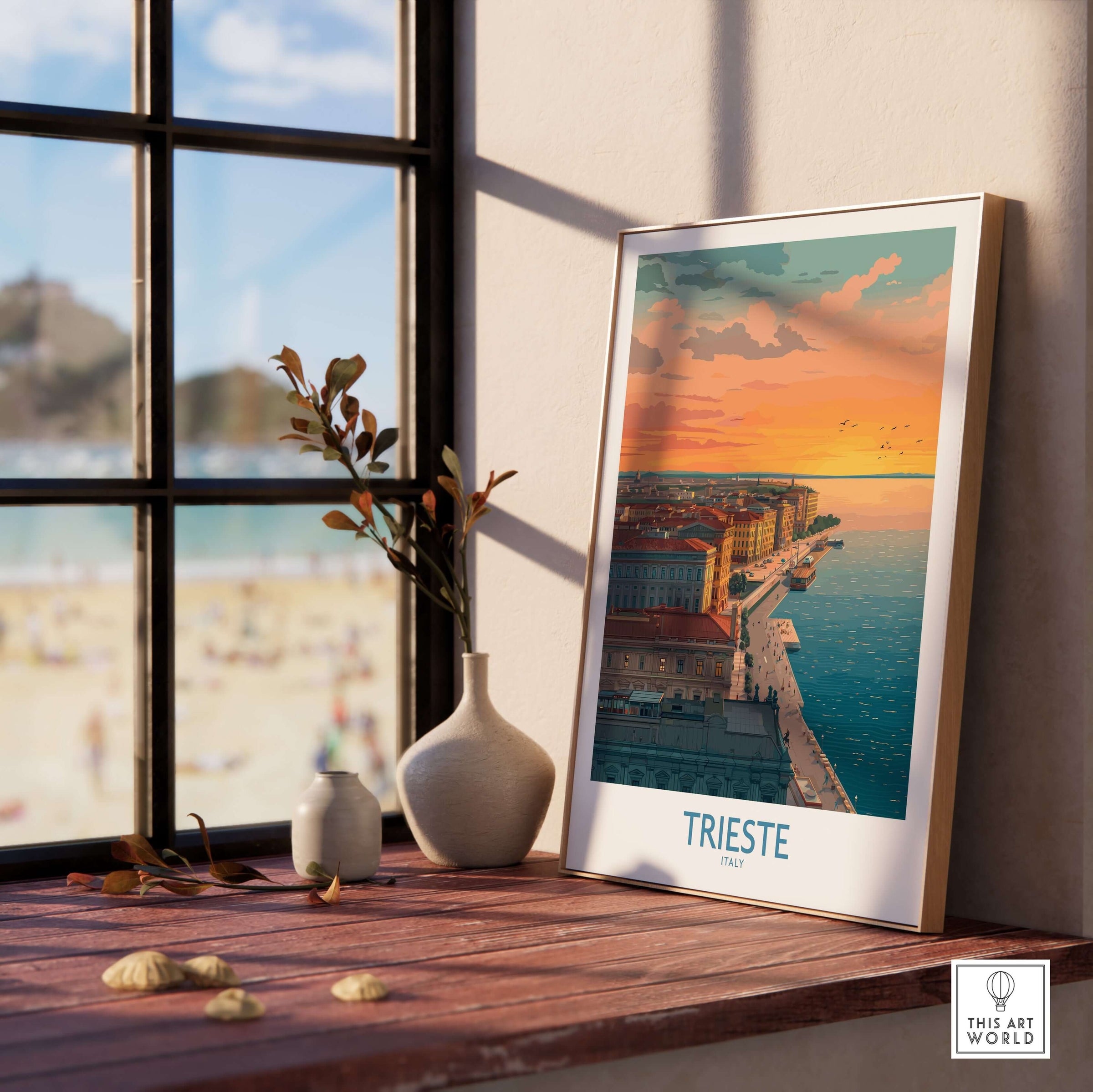 Trieste Italy Wall Art - Italian Evening Poster displayed on a wooden table near a window with a beach view.