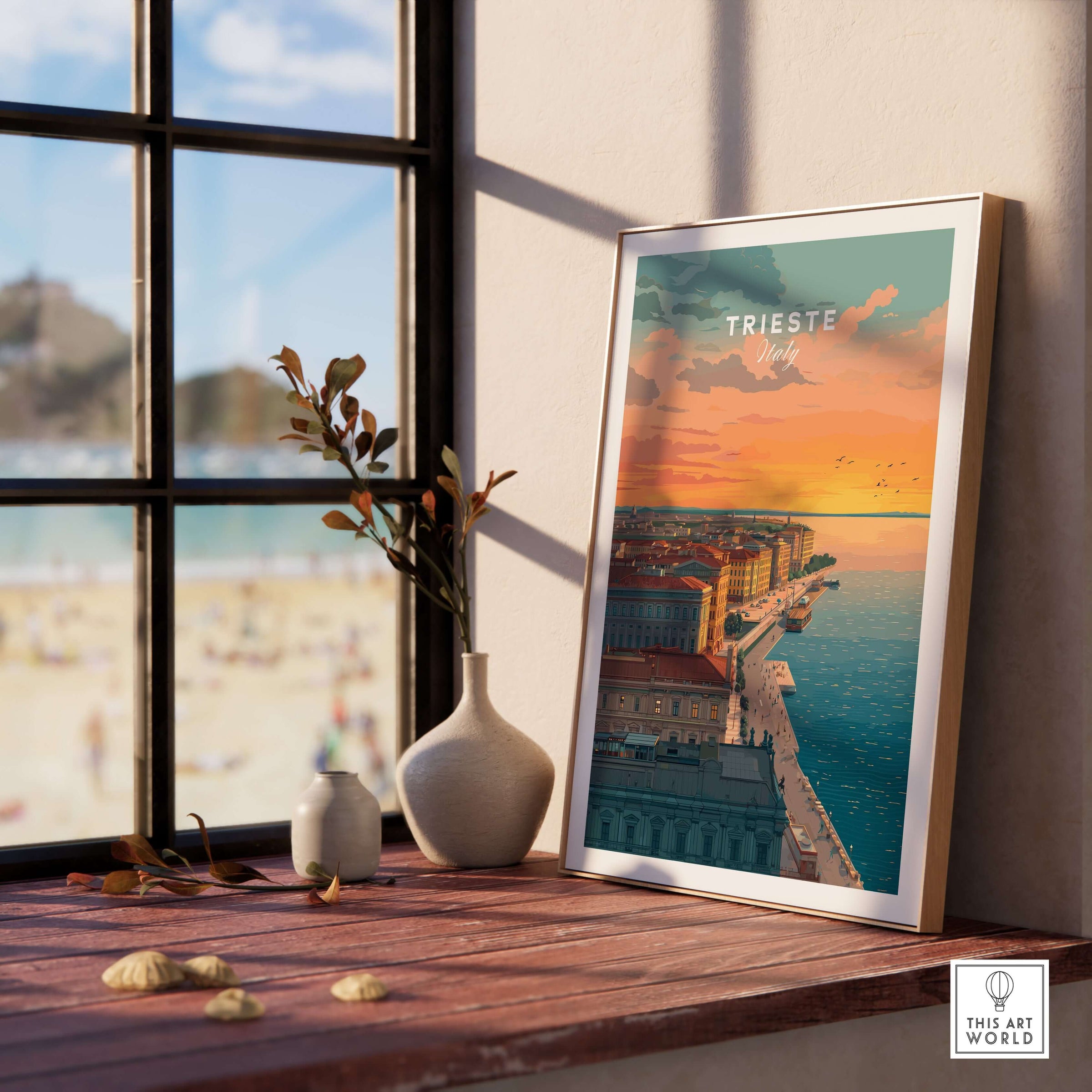 Trieste Italy Coastal Sunset Skyline Poster - Adriatic Seascape Print displayed in a stylish room with beach view.